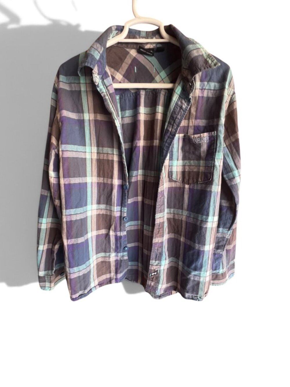 Vans Boys Plaid Button Down Shirt Purple Teal Long Sleeve Size XL
